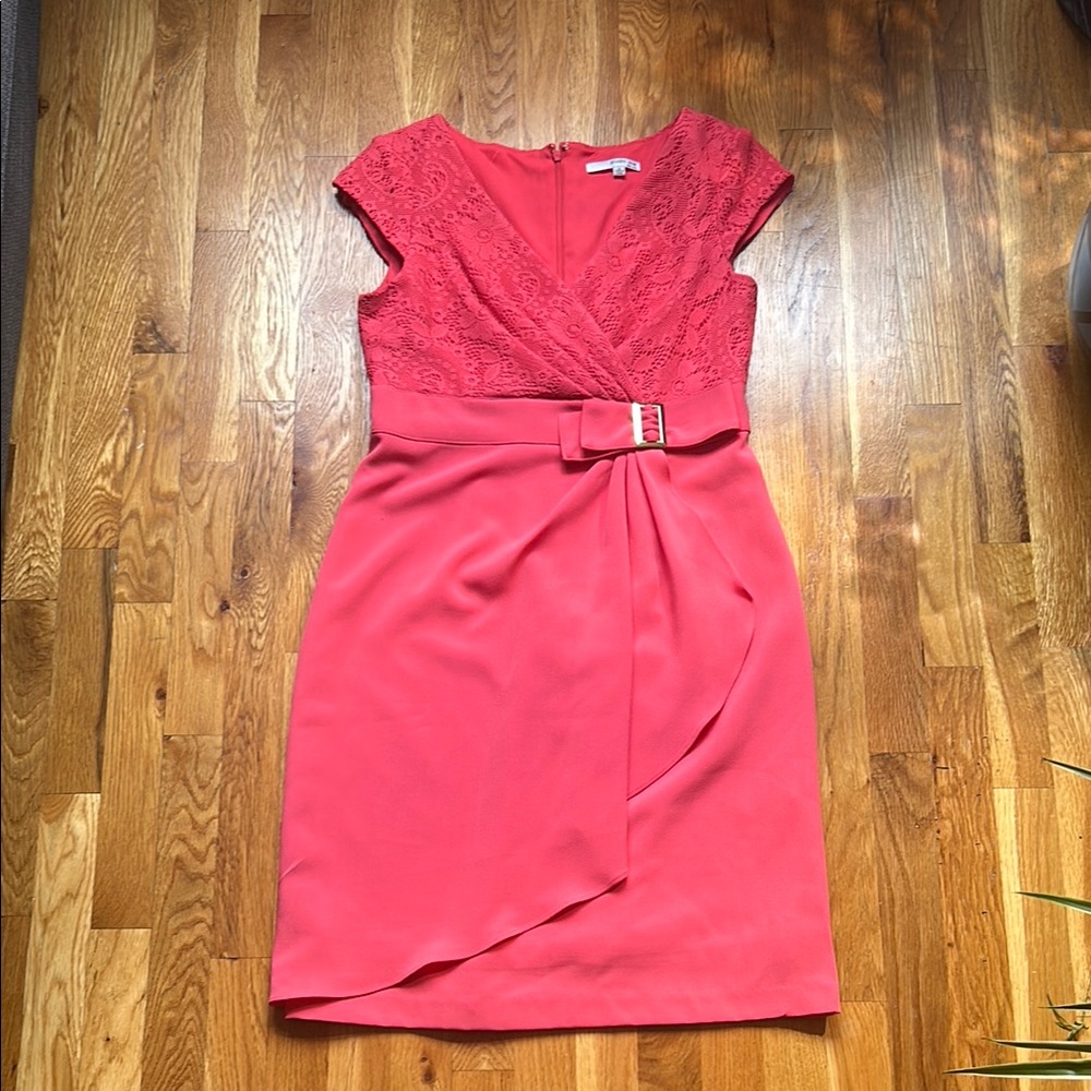 Studio One Coral Sheath Midi Dress V-Neck Cap Sleeve